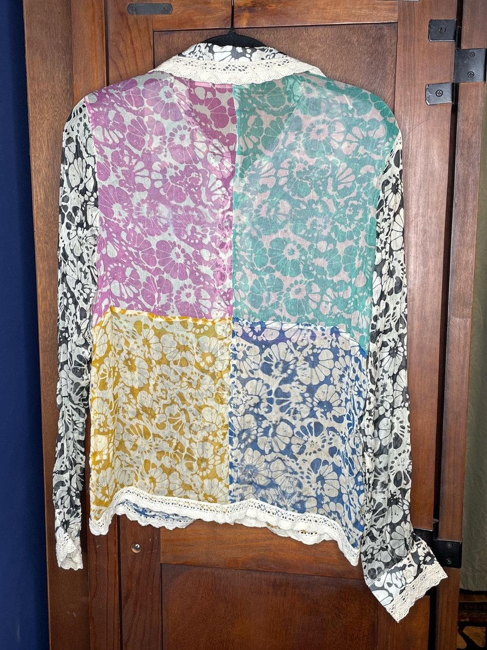 Anthropologie Let Me Be Floral Patchwork Blouse Medium Crochet Boho Cottagecore - Picture 3 of 5
